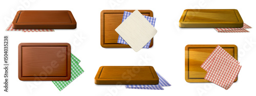 Realistic pizza board with napkins. Wooden rectangular cutting and chopping boards and plaid tablecloth. 3d wood tray and table cloth with gingham pattern. Vector set.