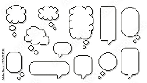 Pixel art cloud speech bubble. Cloud shaped comic text box, pixelated 8 bit texting dialogue, thought bubble, retro game quote and chat boxes with shadow. Vector isolated set.