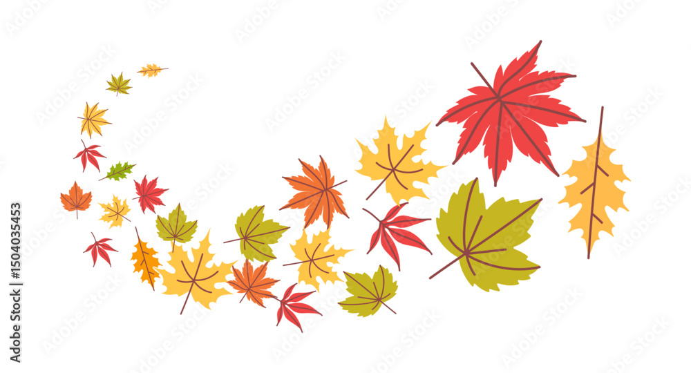Fototapeta premium Autumn falling leaves. Flying swirl of orange tree foliage. Thanksgiving background with yellow, red and green maple and oak leaves. Fall sale season banner vector template.
