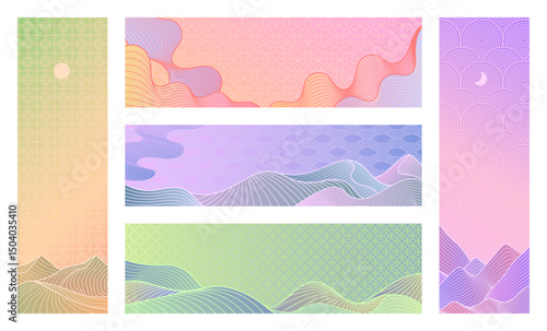 Line art landscape. Minimal mountains and hills with traditional Asian pattern and pastel gradient banner vector templates in Japanese, Chinese and Korean retro style.