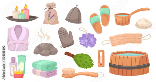Cartoon sauna elements. Bathroom and spa self care items. Stones, towel and brush, bath broom and bathrobe, candles and thermometer, wooden tub and washcloth. Vector set.