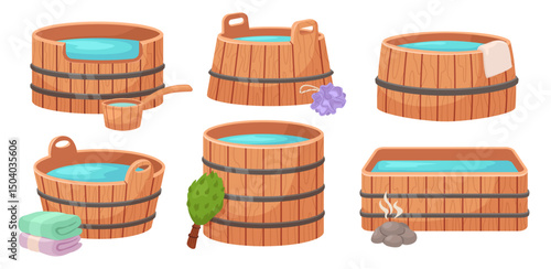 Wooden bath. Cartoon wood tubs with hot water, barrel for traditional sauna, banya or Japanese onsen with stones, towel and washcloth, bath broom and ladle. Vector set.