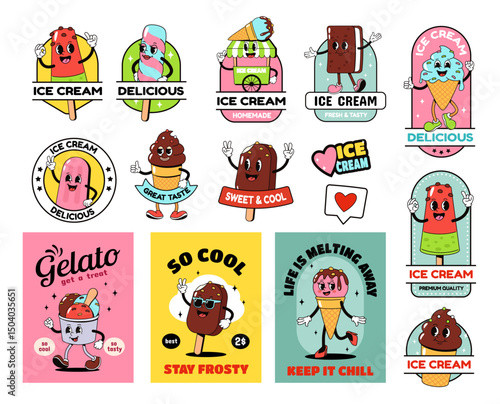 Ice cream branding. Funny ice cream characters, chocolate popsicle and gelato sweet cold dairy and fruity dessert. Retro cartoon cute kawaii mascot vector isolated set.