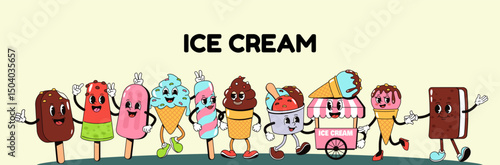 Retro cartoon ice cream banner. Funny ice cream characters, chocolate popsicle and gelato sweet cold dairy and fruity dessert. Cute kawaii mascot for vector poster.