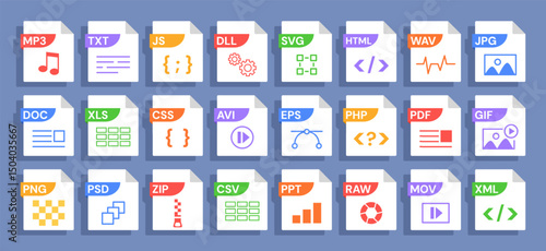 File format icons with various format labels PDF, JPG and MP3, HTML and ZIP, PHP and SVG, EPS and PSD, PNG. Symbols for file types with document extension. Vector set.