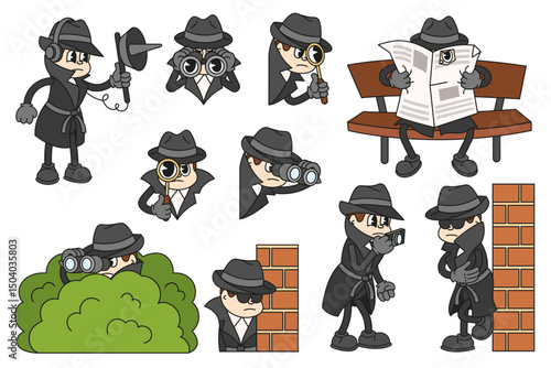 Detective. Cartoon spy character investigating crime, police agent wearing cloak and sunglasses. Private detective, investigator spying, hiding and observing. Vector mascot.