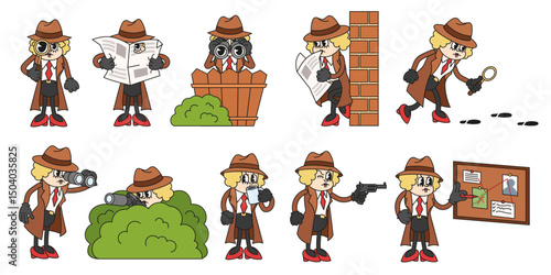 Cartoon detective woman. Spy female with gun, camera and binocular. Comic secret agent in coat spying, tracking suspects, at evidence board. Crime investigation vector set.