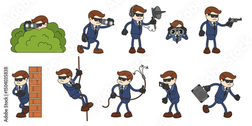 Cartoon secret agent character. Spy with gun, camera and case. Comic secret agent wearing suit spying, escaping and climbing, eavesdropping. Secret missions vector scenes.