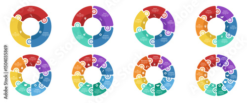 Circle diagram infographic templates. Round chart with business icons, 3 -10 step options or processes, step-by-step startup, project workflow. Circular vector infographics.