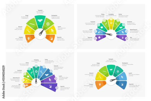 Gauge diagram infographic templates. Speedometer style business infographics with process stages and indicator pointer. Diagram, flowchart segmented meter. Vector dashboards.