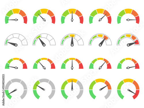 Speedometer gauge meter. Color dashboard gauge indicators of risk levels, range. UI analytics, credit score and speedometer, status tracking infographic chart. Vector set.