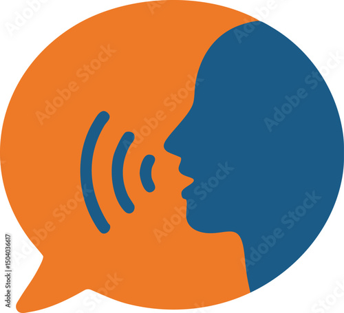 Flat Vector Illustration of a Person Speaking with Sound Waves in a Speech Bubble, Representing Communication, Voice Recognition, or Audio Interaction
