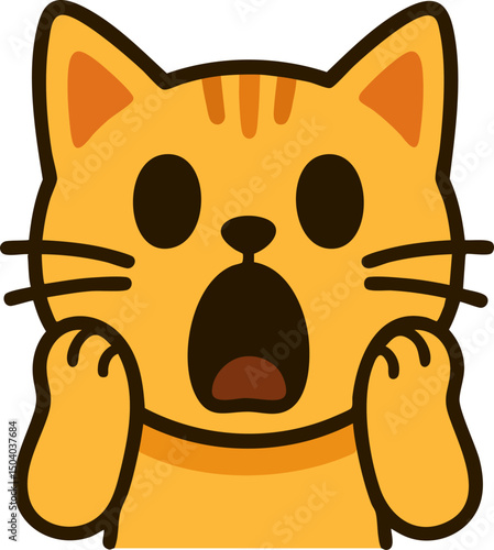 Surprised Cartoon Cat with Wide Eyes, Open Mouth, and Paws on Cheeks in Flat Vector Style Expressing Shock and Astonishment in Adorable Design