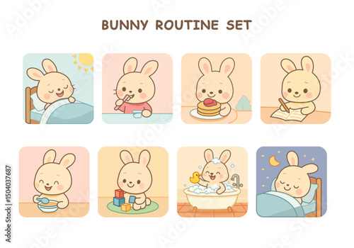 Cute cartoon bunny demonstrates daily routines including waking up, brushing teeth, eating, playing, bathing, and sleeping