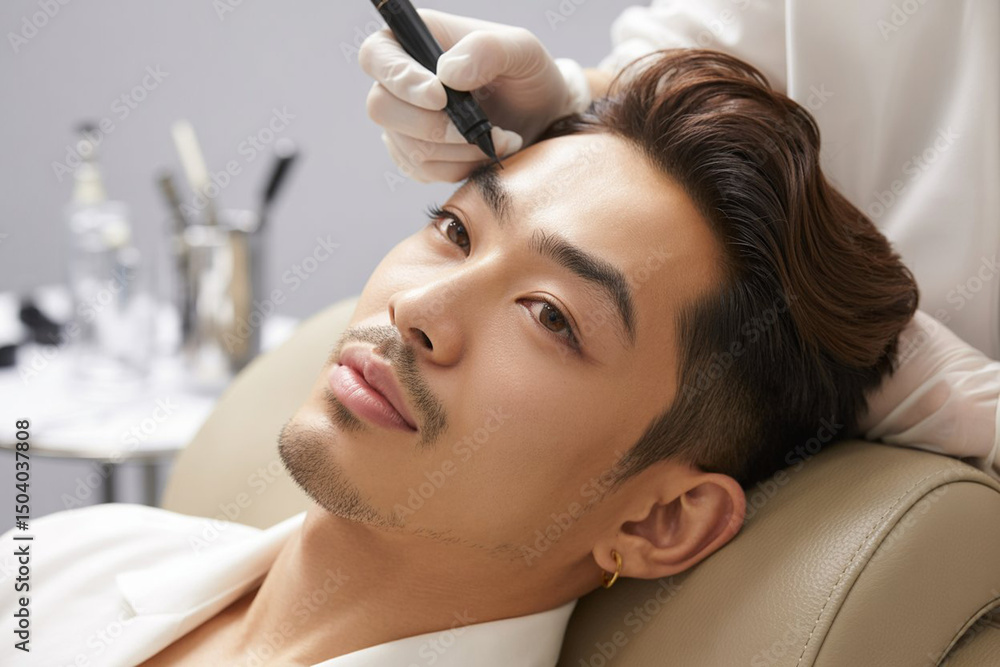 Fototapeta premium Young woman applying mascara, A Beautician plucking Young man eyebrow in beauty salon, closeup