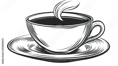 Hand-drawn illustration of a coffee cup and saucer.