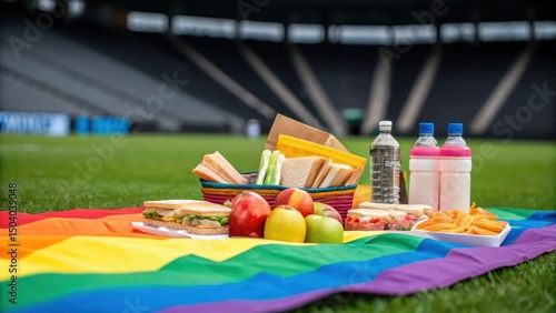 Wallpaper Mural Colorful picnic setup on a rainbow blanket in a stadium setting. Torontodigital.ca
