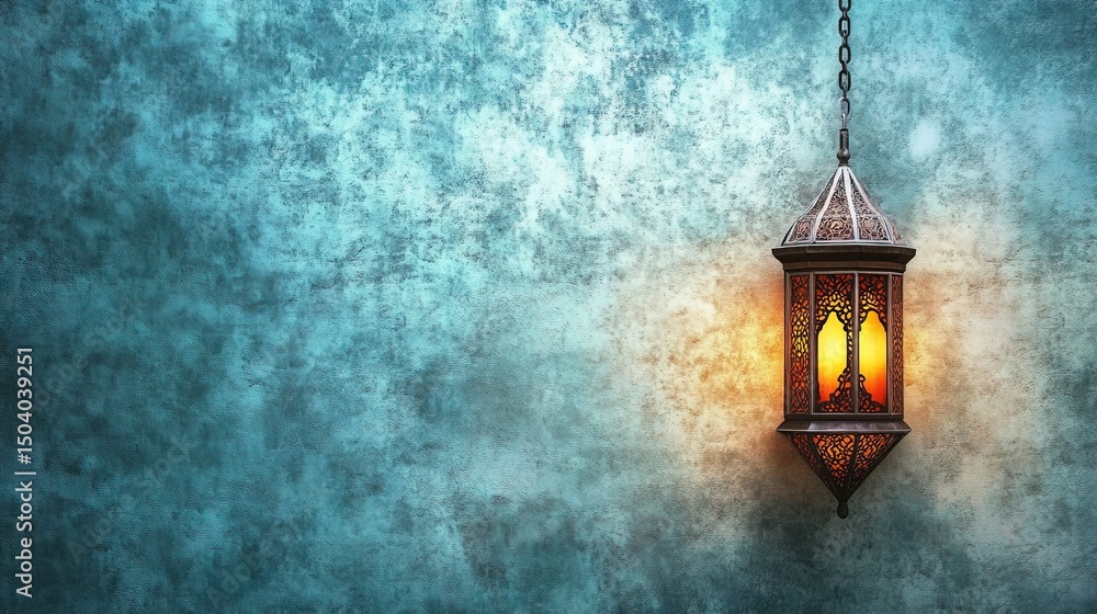 Glowing Ramadan Lantern Hanging Against a Textured Teal Wall Background Glowing Ramadan Lantern Hanging Against a Textured Teal Wall Background