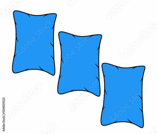 Three blue pillows arranged diagonally, each with a black outline and simple crease details for a soft, puffy appearance