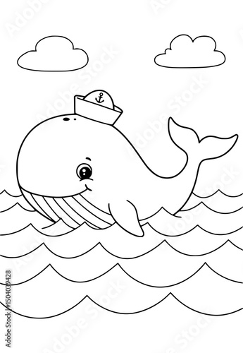 cartoon of whales wearing marine hat illustration. coloring page for kids
