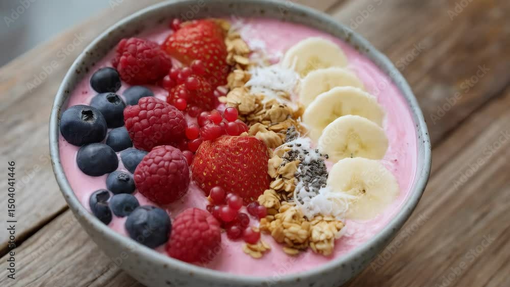Delicious fruit smoothie bowl with fresh blueberries, raspberries, strawberries, red currants, sliced bananas and granola on a wooden table. Delicious fruit smoothie bowl with fresh blueberries, raspberries, strawberries, red currants, sliced bananas and granola on a wooden table.