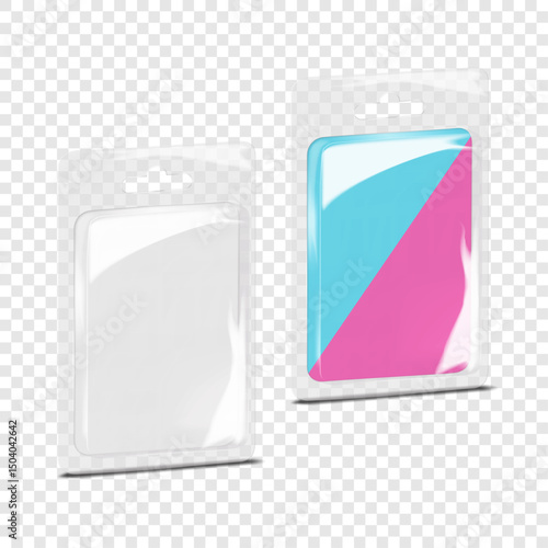 Rectangular empty cardboard back clear plastic blister box with euro hole. 3d mockup. Rectangle hanging individual product sleeve package. Realistic vector mock-up. Easy editable template