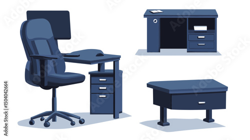 Blue Pixel Art Illustration of Computer Desk Chair Footstool and Sideboard Against a White Background