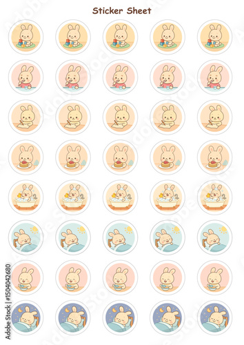 A sheet of cute bunny stickers, each showing different actions and emotions, with pastel backgrounds