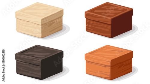Collection of Four Small Square Wooden Boxes with Lids in Various Shades of Brown Beige and Pixel Art Style on White Background