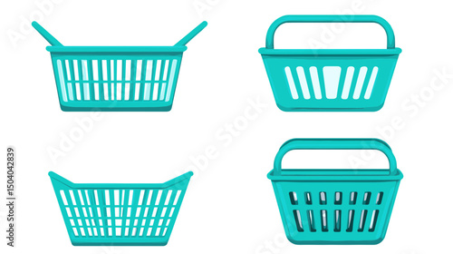 Collection of Four Turquoise Plastic Shopping Baskets with Handles on White Background