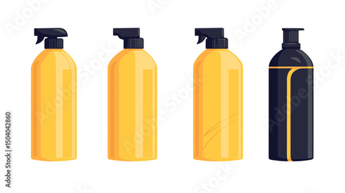 Collection of Four Yellow and Black Spray Bottles in a Row Isolated on a White Background for Cosmetics and Cleaning Solutions