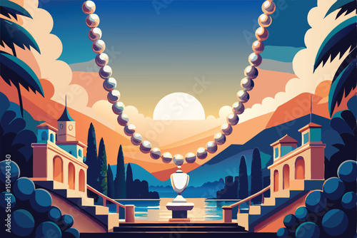 Sunset over Italian Lake. Pearl Necklace Landscape