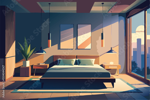 Modern Minimalist Bedroom with Sunrise City View