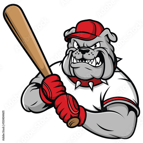 This image features a fierce and muscular cartoon bulldog gripping a baseball bat, ready to swing. 