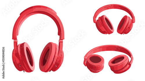 Three Red Pixelated Headphones on White Background for Audio Listening and Entertainment