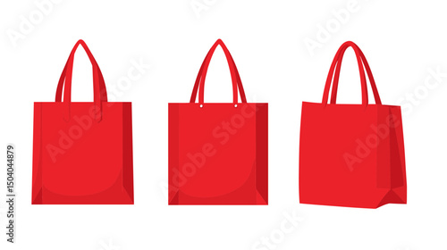 Three Red Tote Bags in a Row on White Background Simple and Clean Design Representing Eco Friendly Shopping and Reusable Merchandise