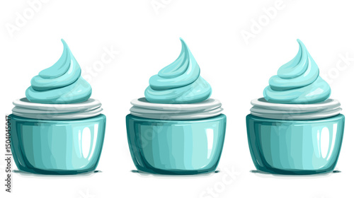Three Teal Cosmetic Cream Containers with Swirled Creamy Tops for Skincare Products against White Background