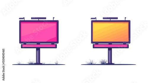 Two Minimalist Pixel Art Billboards in Pink and Yellow Standing Side by Side Against White Background