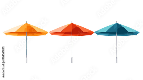 Vivid Umbrellas in Yellow Orange Red and Blue Isolated Against White Background Representing Rain Protection and Summer Accessories