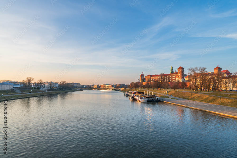 Wawel castle famous landmark in Krakow Poland. Picturesque landscape on coast river Wisla