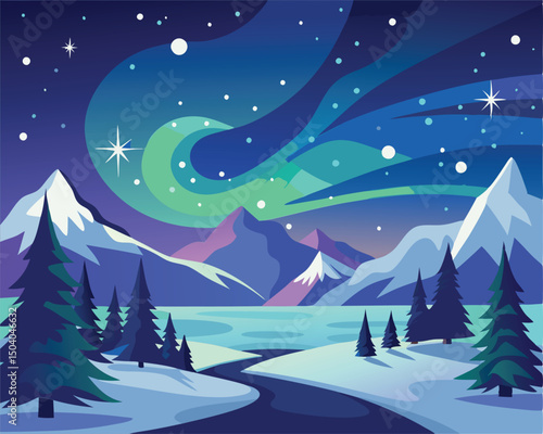 Aurora Borealis Winter Landscape. Magical Night Sky over Snowy Mountains