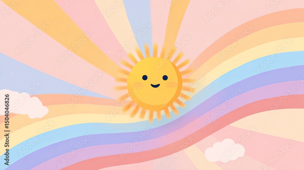 Fototapeta premium Cheerful Sun and Rainbow in Soft Pastel Tones
