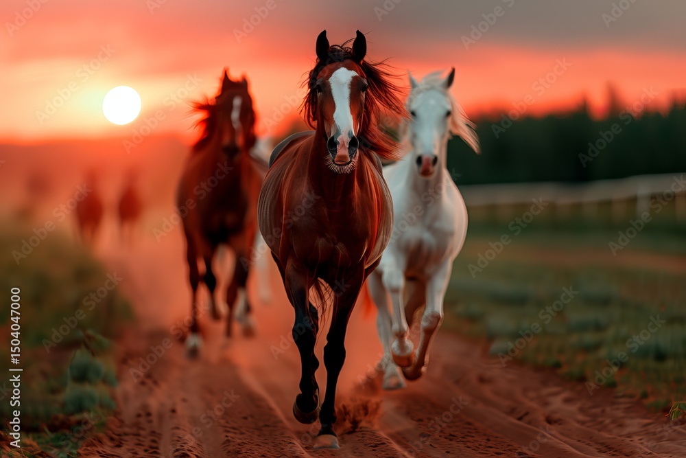 Fototapeta premium Three horses running on a dirt road