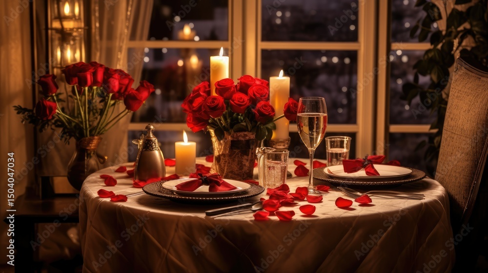 Romantic dinner place setting with red roses bouquet and candles in restaurant
Romantic dinner place setting with red roses bouquet and candles in restaurant