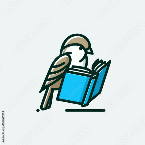 Literary Sparrow: A charming illustrated sparrow, perched with keen focus upon a captivating opened book, embodying intellectual curiosity and the love of reading.