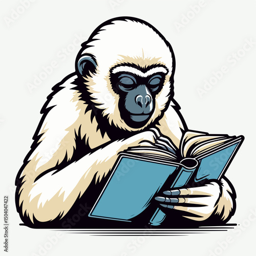 Snow Gibbon Reading: A charming illustration of a snow gibbon engrossed in reading a book. The gibbon's serene expression and gentle posture create a heartwarming image.
