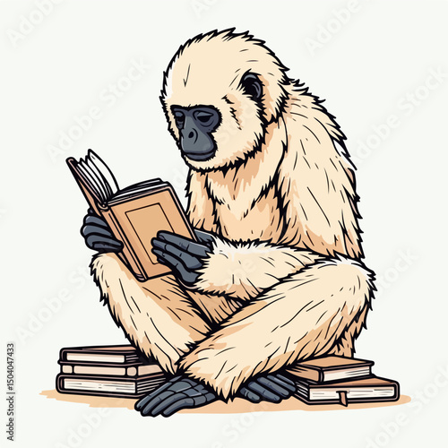 Scholarly Gibbon: A whimsical illustration of a gibbon engrossed in reading a book, surrounded by a stack of books, conveying a sense of intellectual curiosity and peaceful learning.