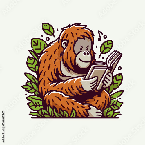 Clever Orangutan Reading: A charming orangutan engrossed in a book amidst lush greenery, showcasing intellectual curiosity and the beauty of the natural world.