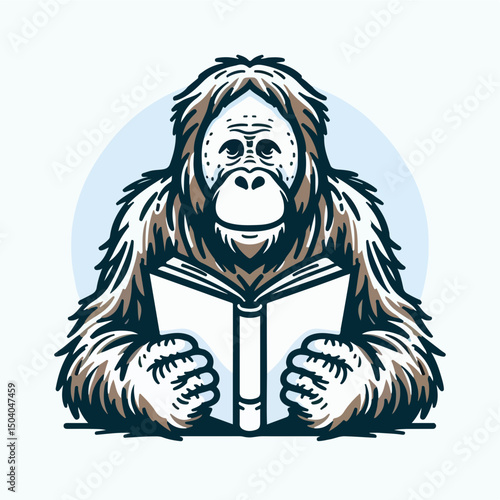 Orangutan Reading a Book: A captivating illustration of an orangutan engrossed in a book, its intelligent eyes reflecting a world of knowledge and wonder. The image exudes a sense of curiosity.