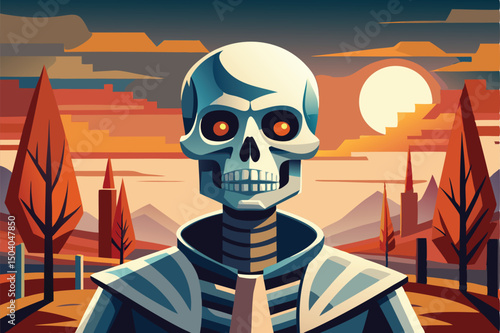 Robotic Skull in Autumn Sunset. A Digital Fantasy